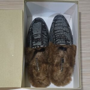 John Galliano Black Text Loafers with Plush Brown Lining
